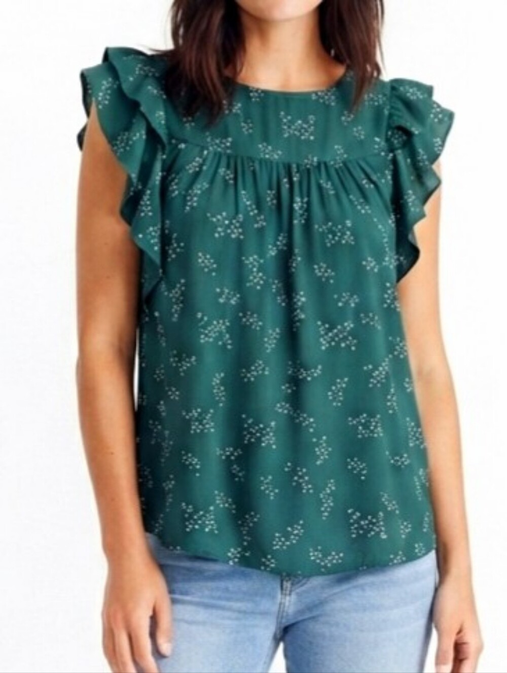 LOFT Forest Green Floral Ruffle Sleeveless Top Large
